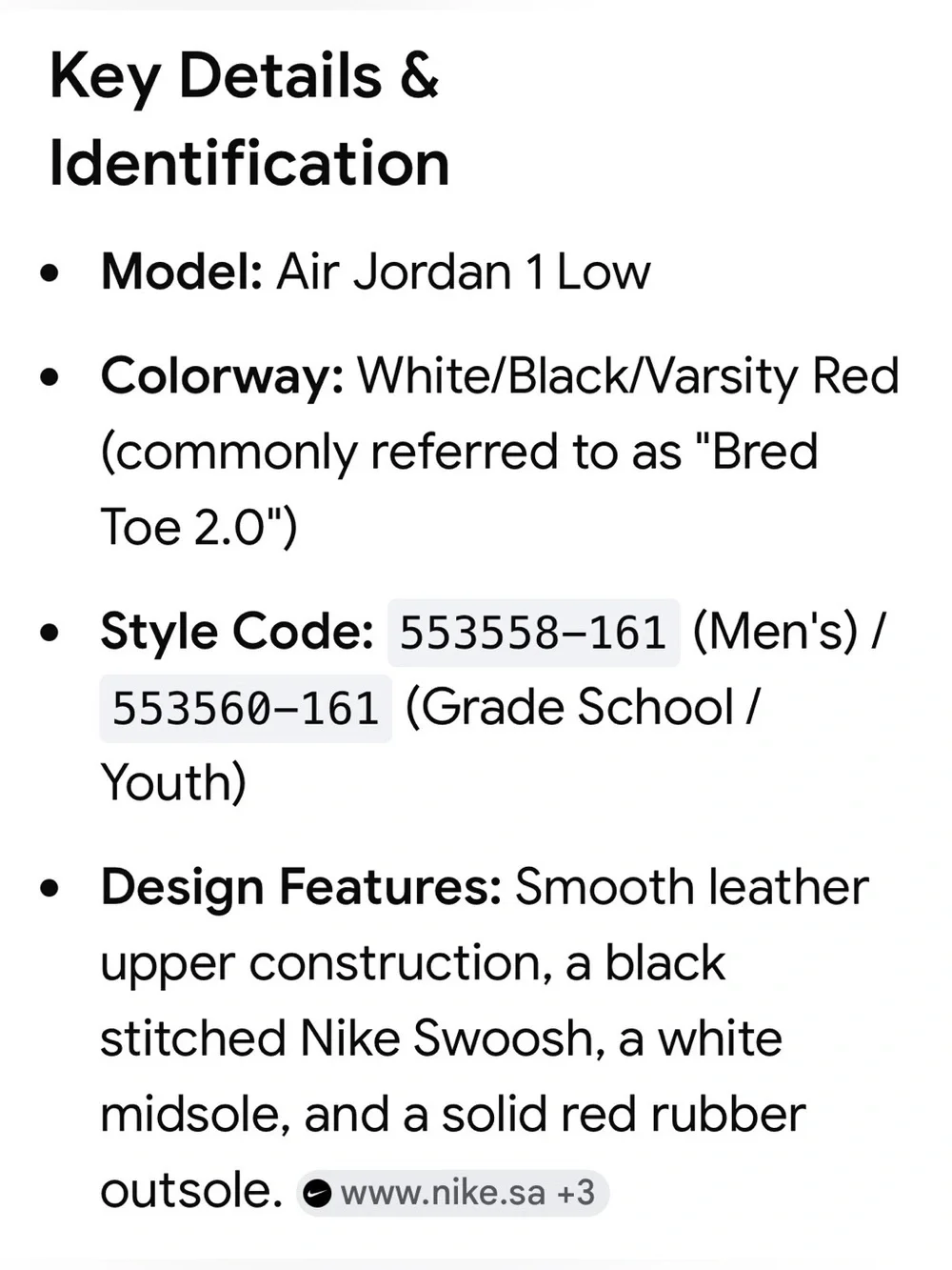 Nike Air Jordon Low 1 “Bred Toe 2.0” Boy’s Sneakers - Brand New - Size 4.5
